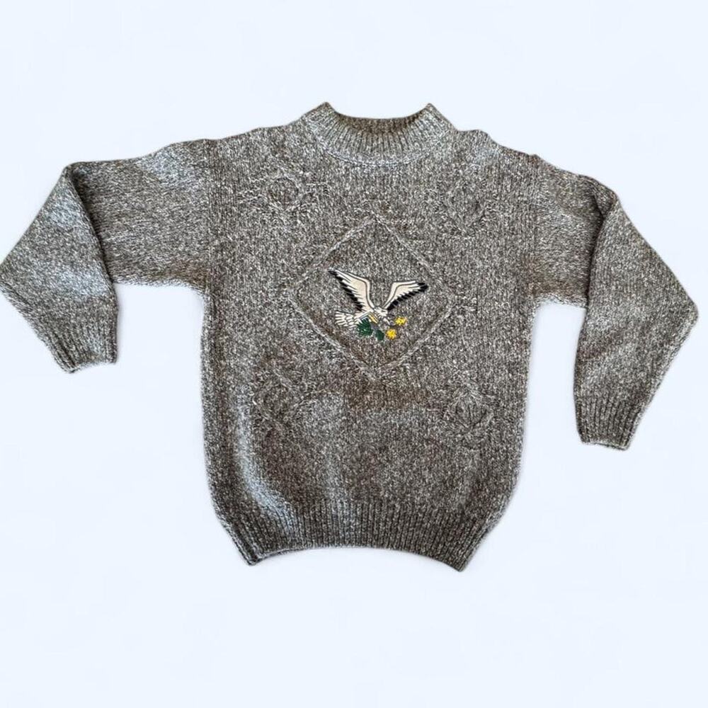 Vtg Mighty Mac American Country Cable Knit Eagle Sweater Gray